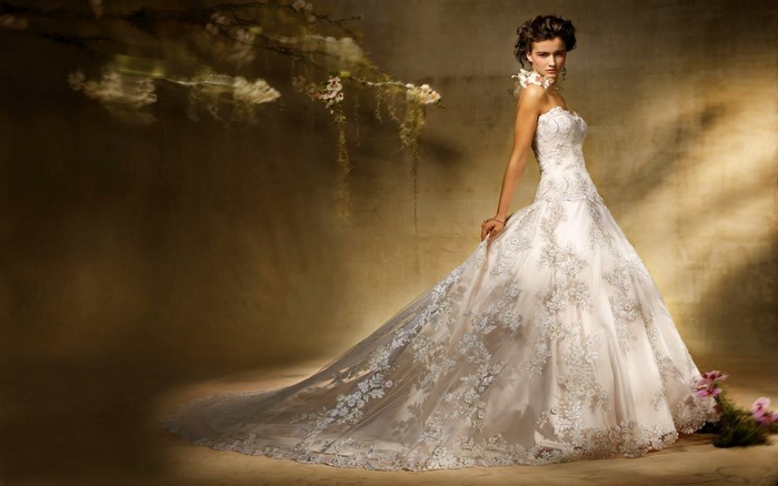 Woman in a white lace wedding dress with a long train