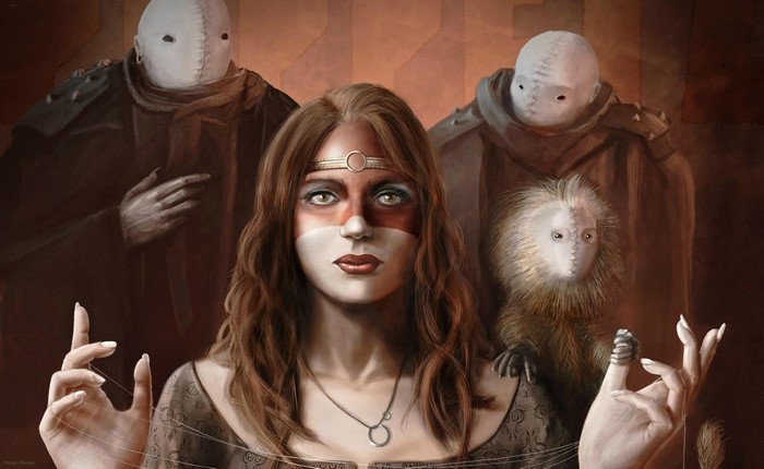 Fantasy art of a woman with face paint and two masked figures