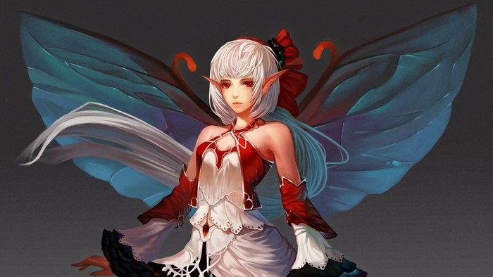 Anime girl with white hair and butterfly wings