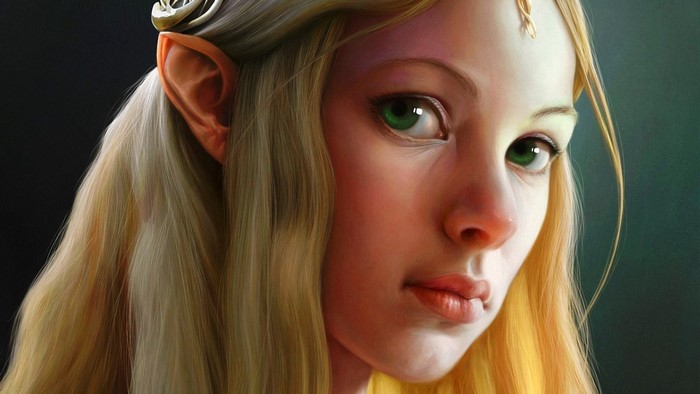 Close-up portrait of a blonde elf girl with green eyes
