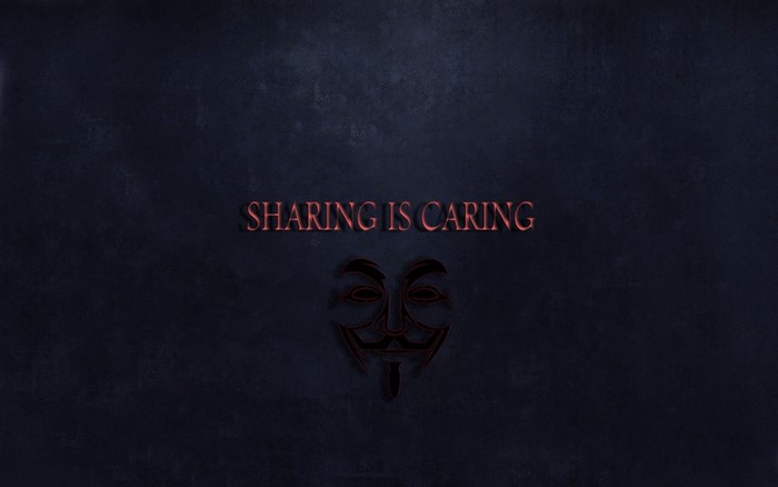 Anonymous mask with "Sharing is Caring" text