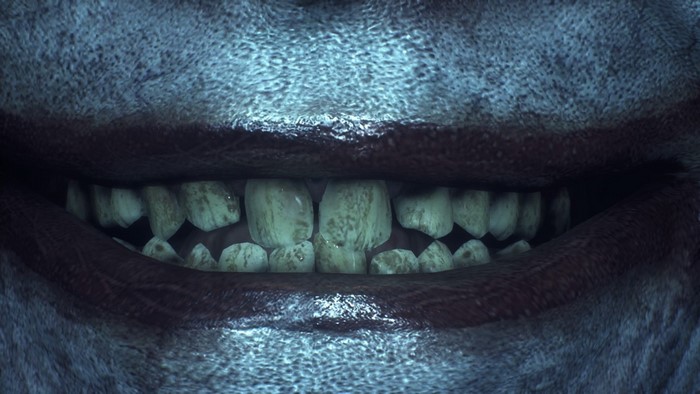 Close up of the Joker's mouth and teeth