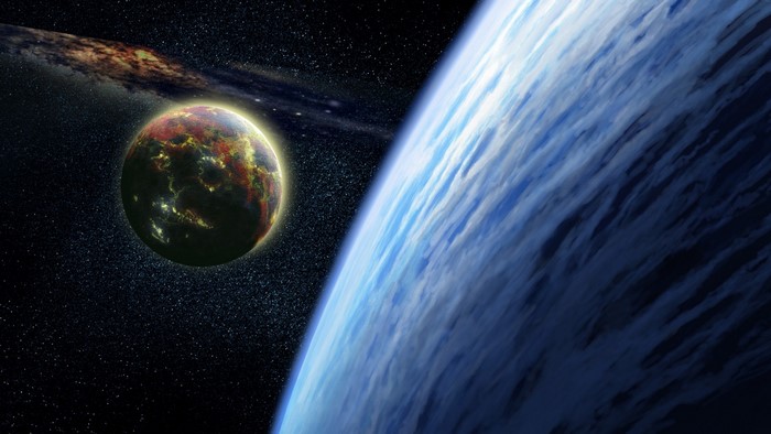 Glowing Planet Near Earth in Space