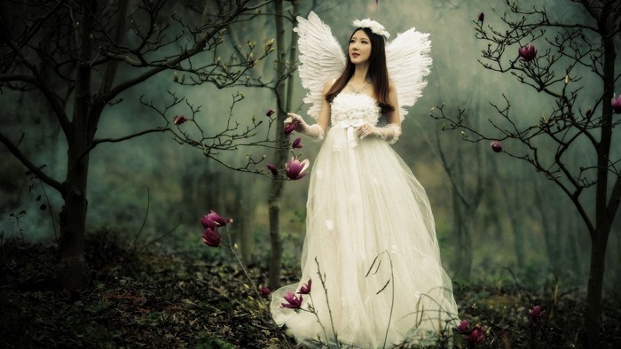 Woman in a white dress with angel wings in a forest