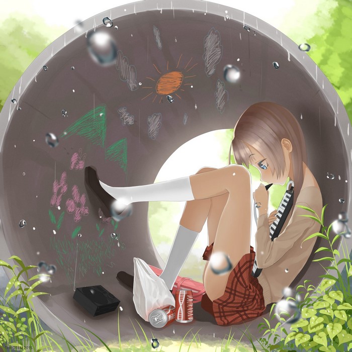 Anime girl playing melodica in a pipe