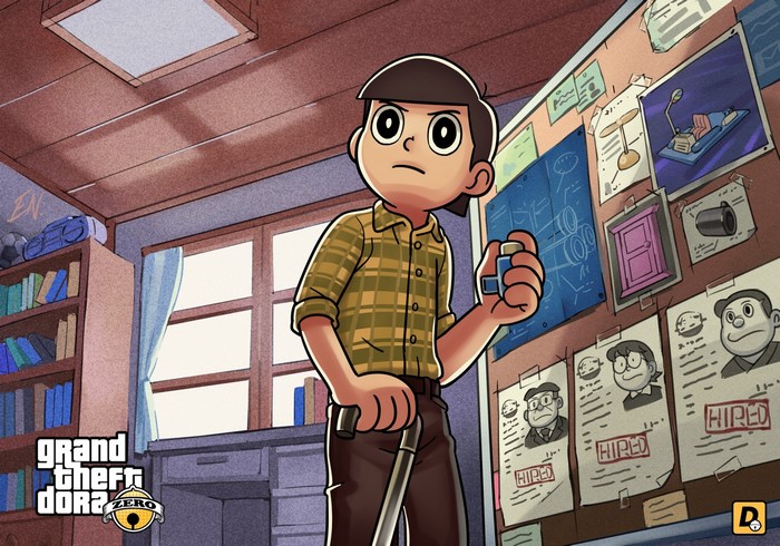 Nobita from Doraemon in Grand Theft Dora Zero style