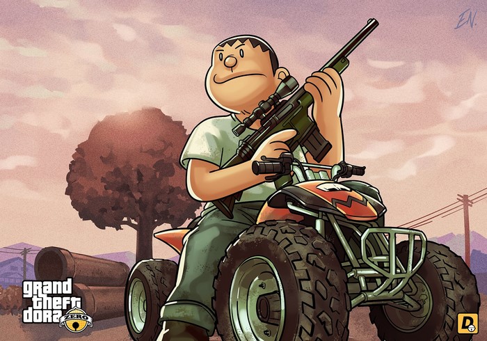 Character from Grand Theft Auto Zero on an ATV with a rifle