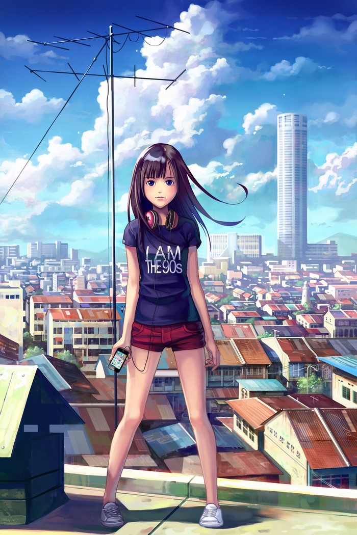 Anime girl with headphones and iPhone on a rooftop