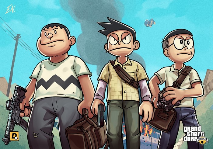 Characters from Doraemon in Grand Theft Dora Zero style