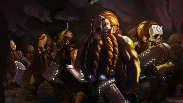Dwarves with skull masks in a dark cave