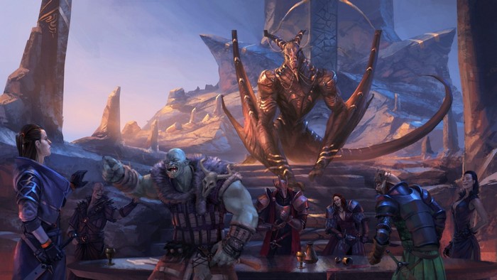 Characters gathered around a table with a dragon-like creature behind them