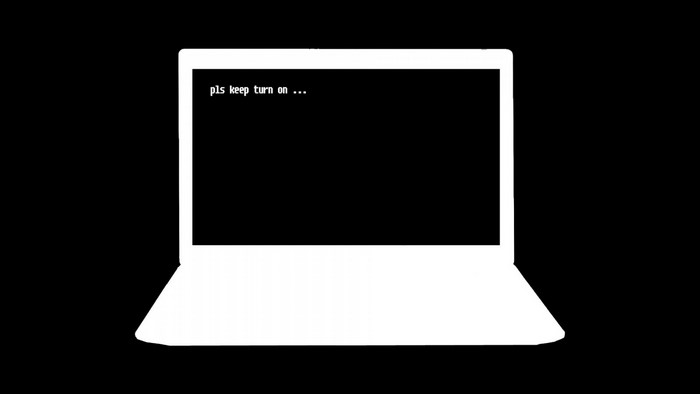 Laptop screen with text 'pls keep turn on ...'