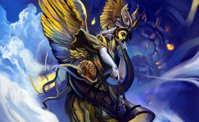 Fantasy angel with golden wings and armor