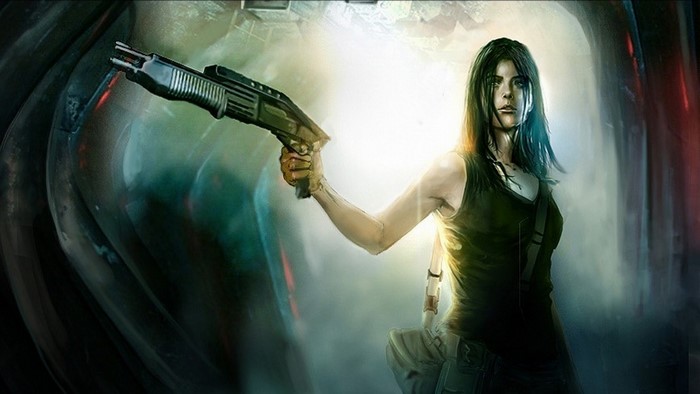 Woman holding a shotgun in a dark, futuristic setting