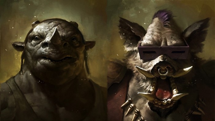 Two anthropomorphic characters, one a rhino and the other a boar, in a dark setting