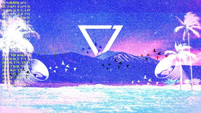 Vaporwave beach with mountains and palm trees