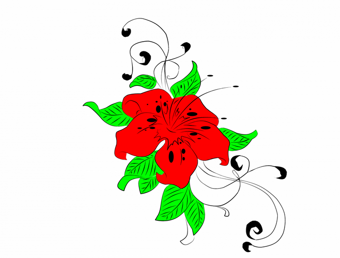 Red lily with green leaves and black swirls