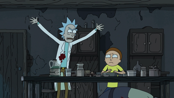 Rick and Morty in a dark, dilapidated room