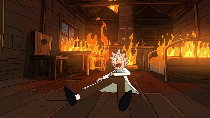Rick Sanchez from Rick and Morty in a burning cabin