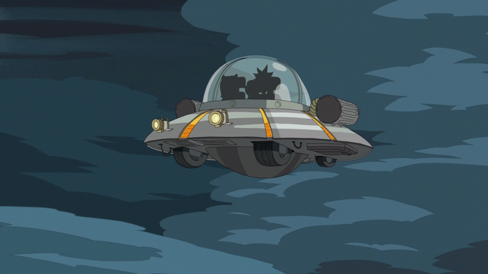 Rick and Morty's spaceship flying through clouds