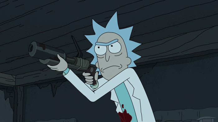 Rick Sanchez from Rick and Morty holding a weapon