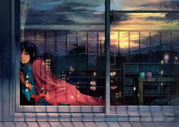 Girl looking out window at city at dusk
