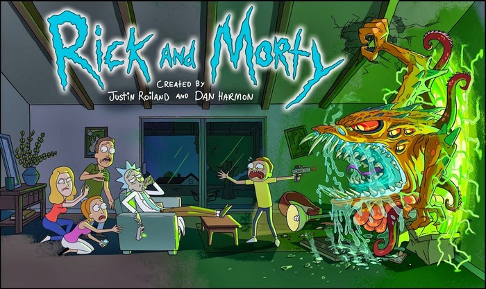 Rick and Morty characters fighting a monster