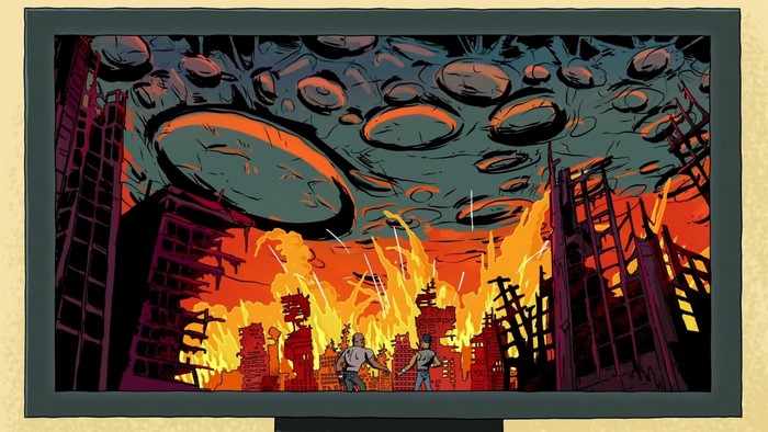 Alien invasion over burning city on television