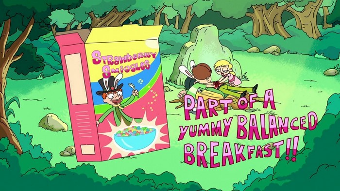 Rick and Morty cereal box and characters in forest