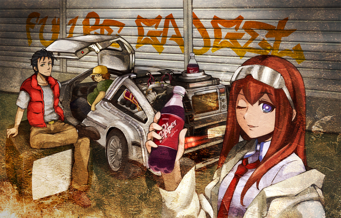 Makise Kurisu and Okabe Rintarou with DeLorean and Dr Pepper