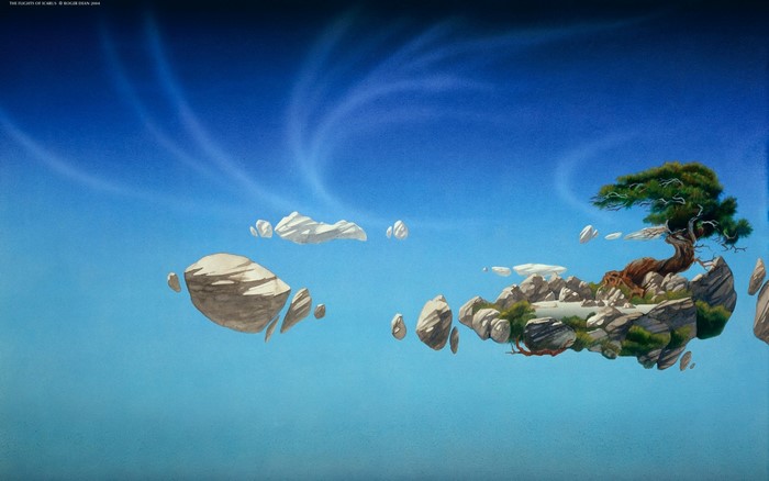 Floating Rocks with Bonsai Tree in Blue Sky