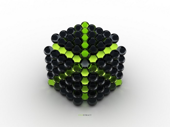 Abstract cube of black and green spheres