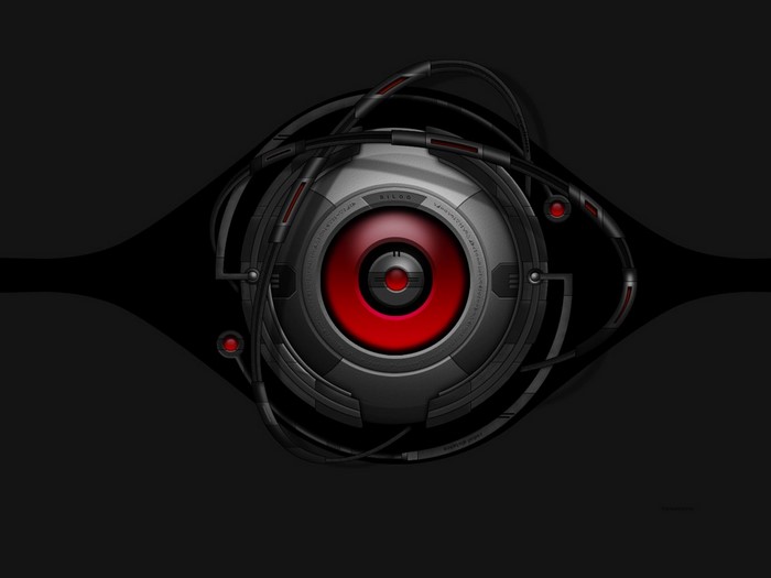 Digital art of a mechanical eye with red accents