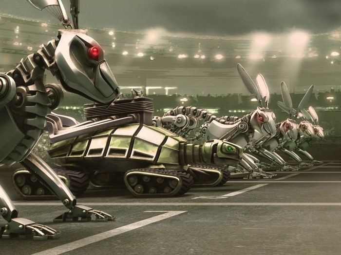 Robotic turtle and rabbits on a race track