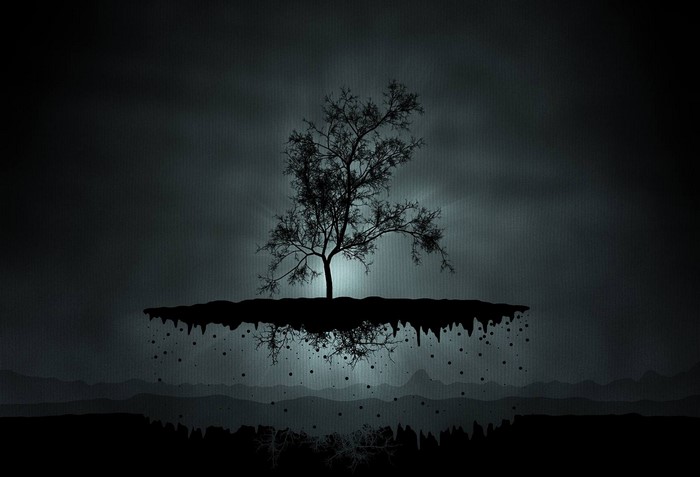 Silhouette of a bare tree on a floating island at night