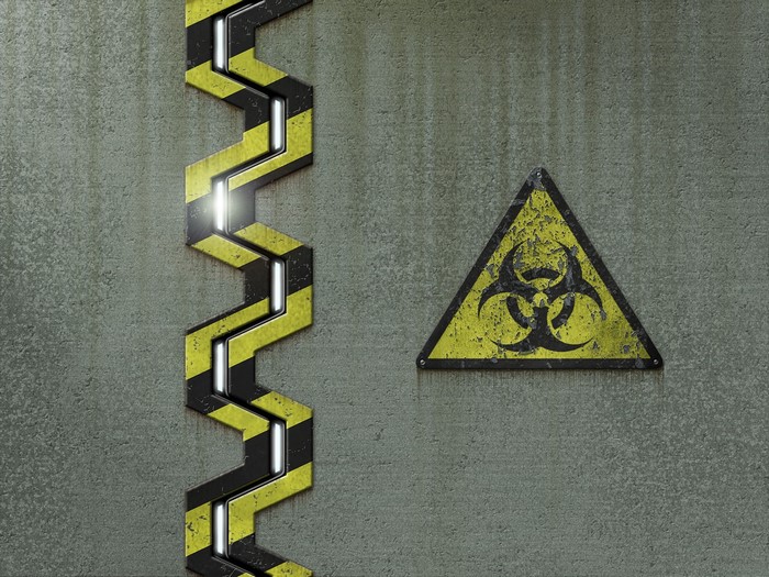 Biohazard warning sign on a textured wall with a zigzag light strip