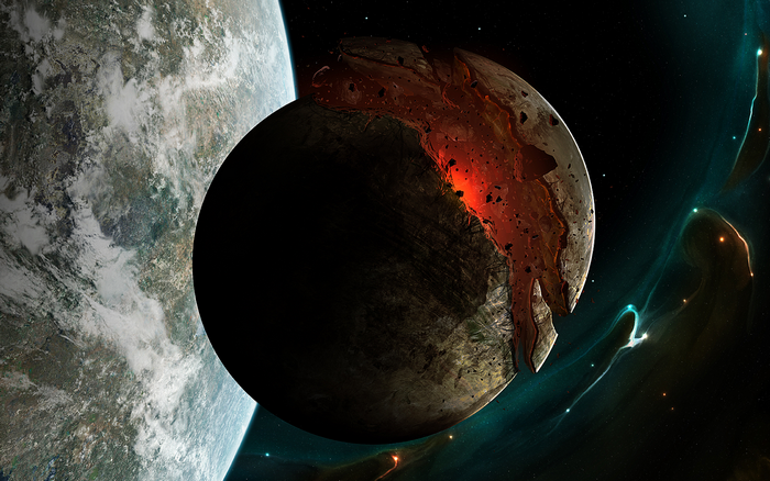 Destroyed planet in space with Earth nearby