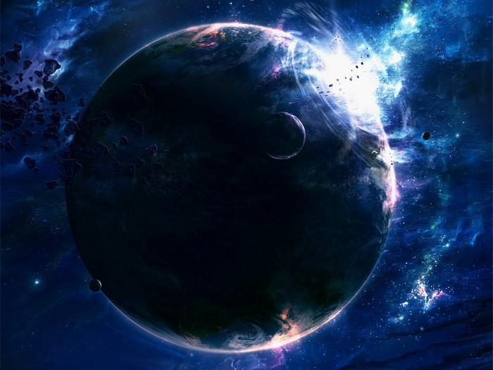 Planet with moons and asteroids in a nebula