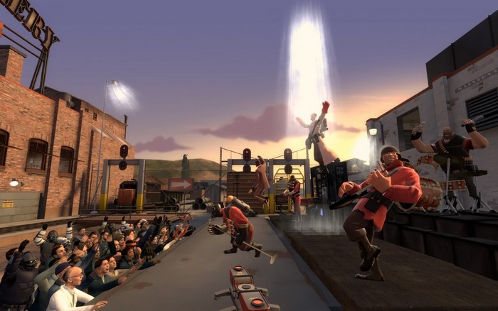 Team Fortress 2 characters performing on a street stage