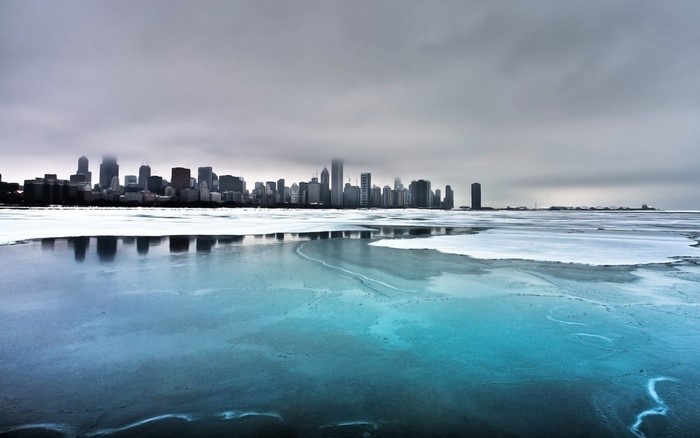 Frozen lake with Chicago skyline reflection