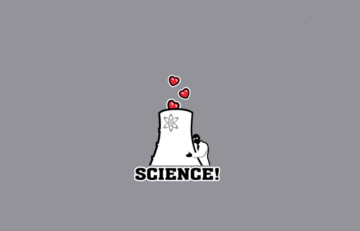 Illustration of a scientist hugging a cooling tower with hearts and the word SCIENCE!