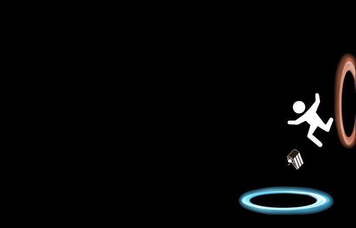 Portal game character falling through portals with cake