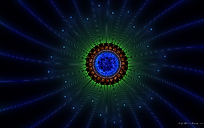 Fractal art with blue and green glowing elements