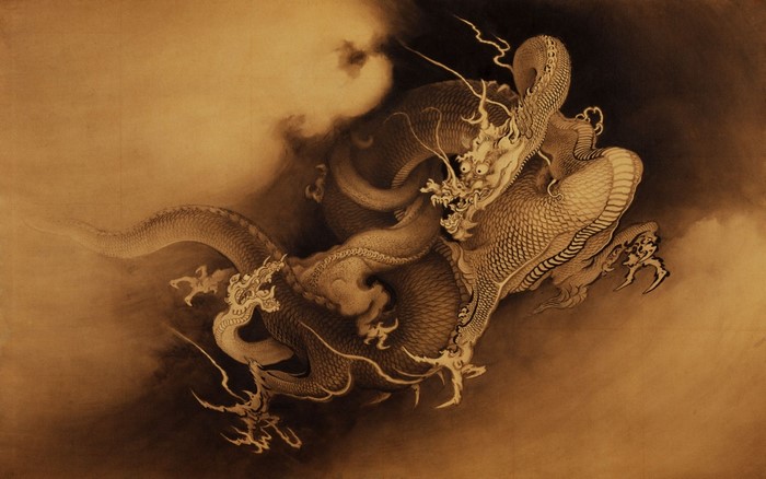 Two dragons intertwined in sepia tones