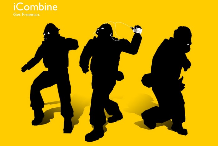 Combine soldiers from Half-Life parodying Apple's iPod commercials