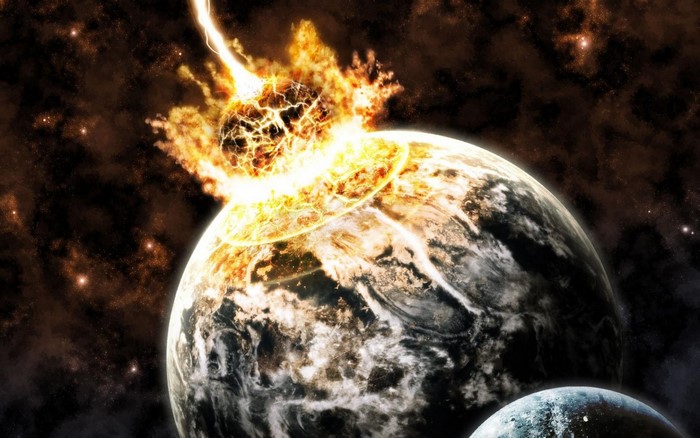Planet exploding in outer space with stars