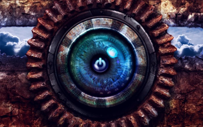 Mechanical eye with power button and sky background
