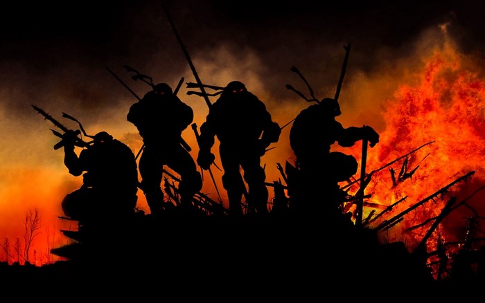 Teenage Mutant Ninja Turtles silhouetted against a wildfire