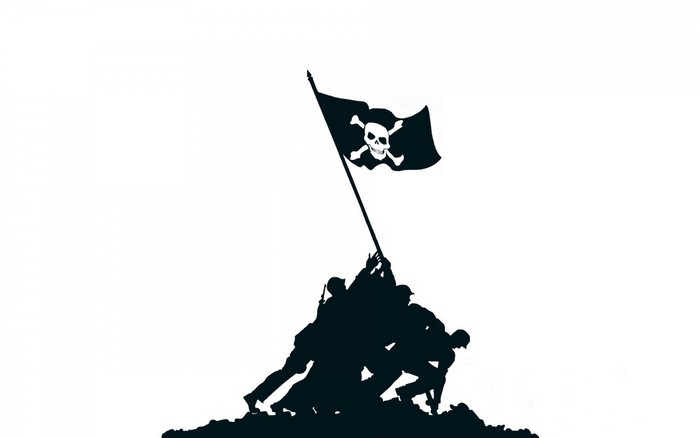 Silhouette of soldiers raising a pirate flag