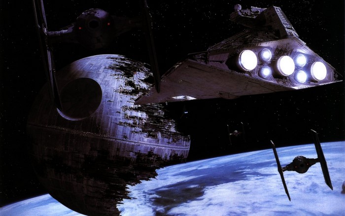 Star Wars: Death Star, Star Destroyer, and TIE Fighters over Earth